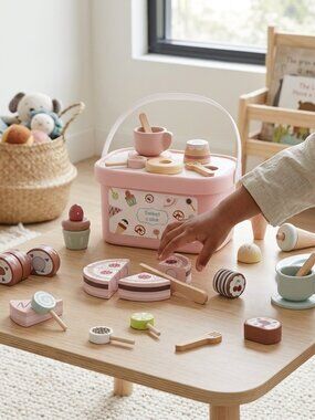 Montessori Wooden Tea Party Pretend Play Set with Storage Basket New